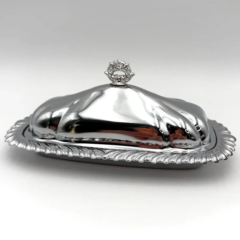 Vintage Silver Metal Butter Dish with Lid Glass Covered Butter Dish